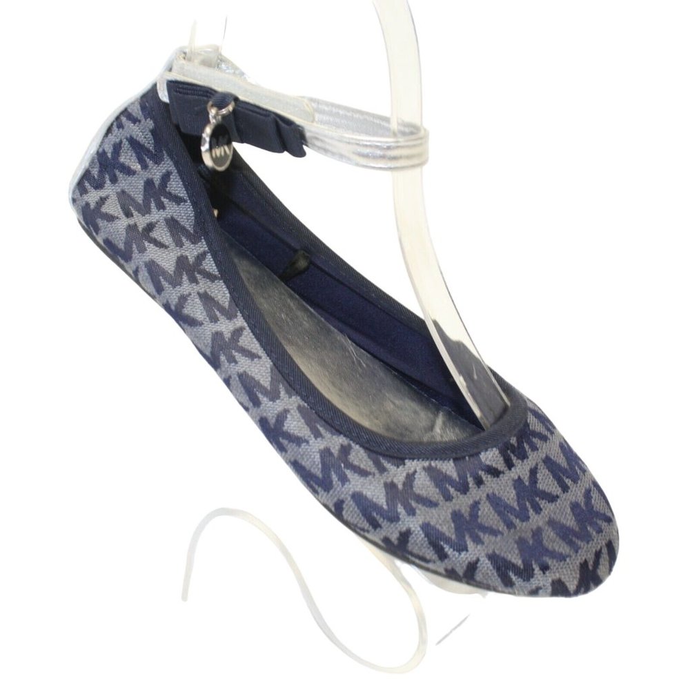 Michael Kors Fairleys Girls Sz 3 Silver Blue Logo Ankle Strap Ballet Flats Shoes